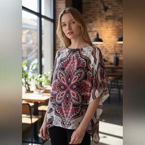 Dana Buchman Paisley Blouse silk 27 in from top of shoulder to bottom of blouce.